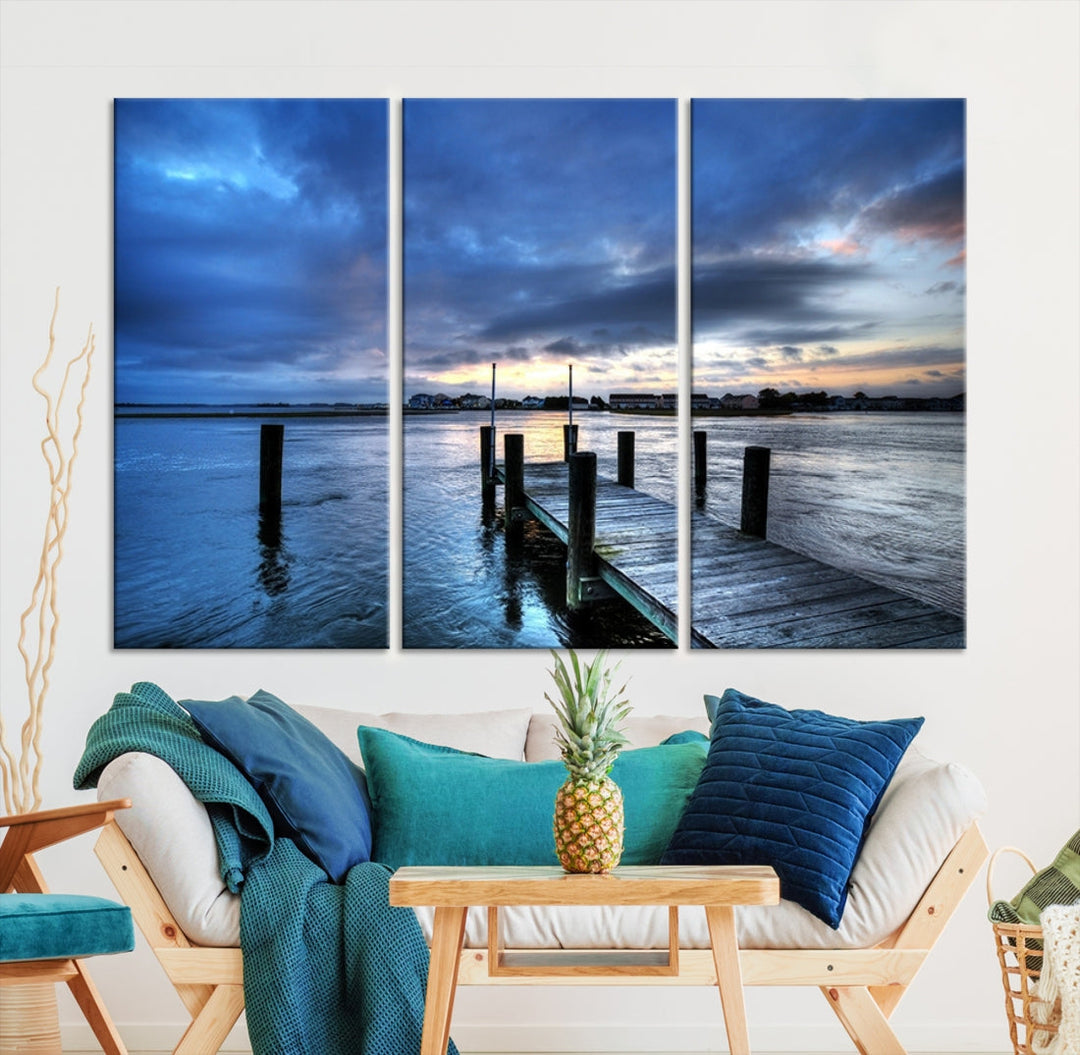 Old Wood Pier on Dark Sea Sunset Canvas Wall Art Framed Large Print