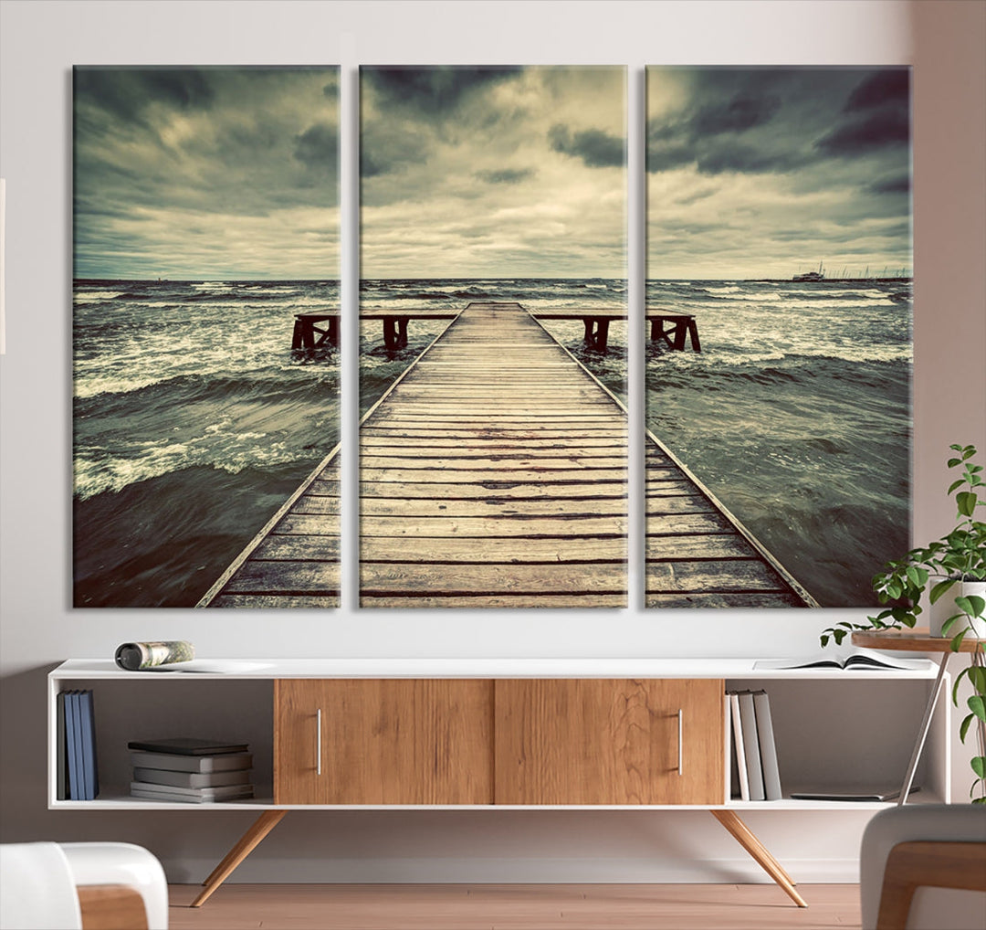 Old Wooden Pier Stormy Sea Canvas Wall Art Print Landscape Wall Hanging