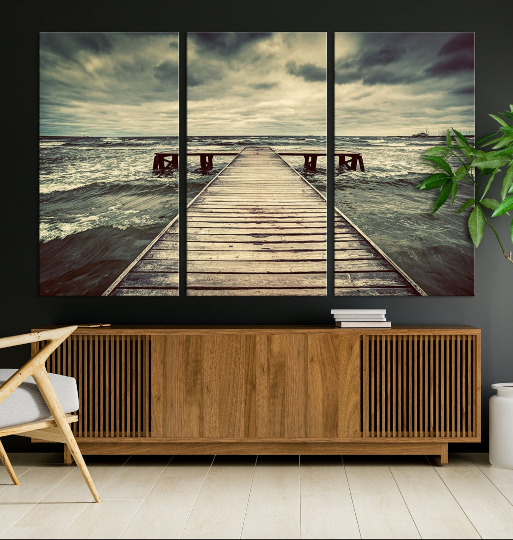 Old Wooden Pier Stormy Sea Canvas Wall Art Print Landscape Wall Hanging