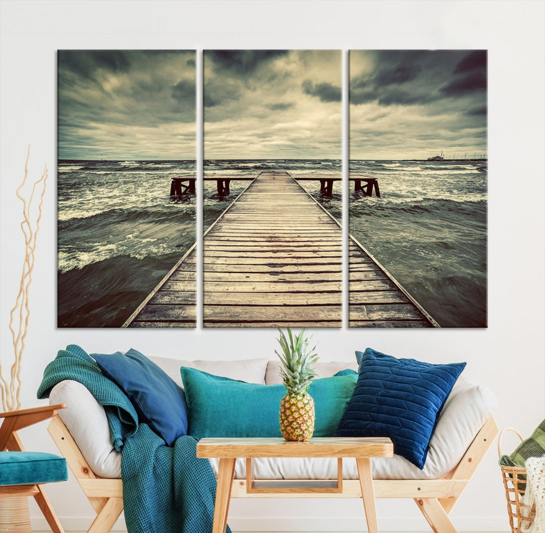 Old Wooden Pier Stormy Sea Canvas Wall Art Print Landscape Wall Hanging