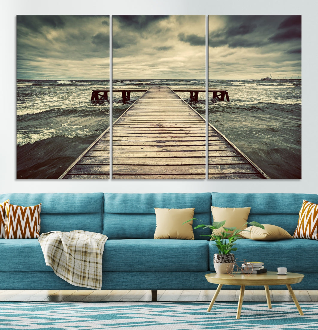 Old Wooden Pier Stormy Sea Canvas Wall Art Print Landscape Wall Hanging