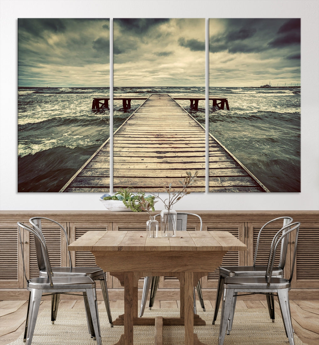 Old Wooden Pier Stormy Sea Canvas Wall Art Print Landscape Wall Hanging