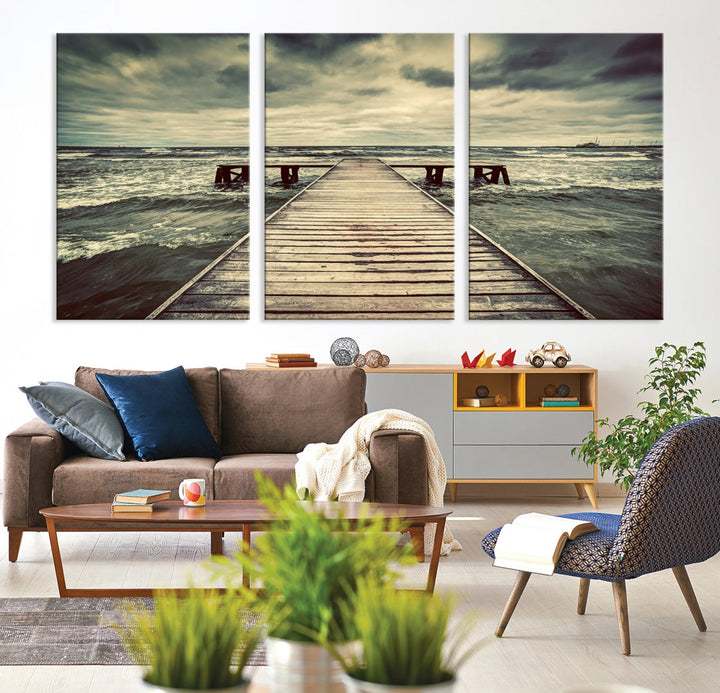 Old Wooden Pier Stormy Sea Canvas Wall Art Print Landscape Wall Hanging