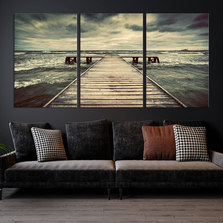 Old Wooden Pier Stormy Sea Canvas Wall Art Print Landscape Wall Hanging