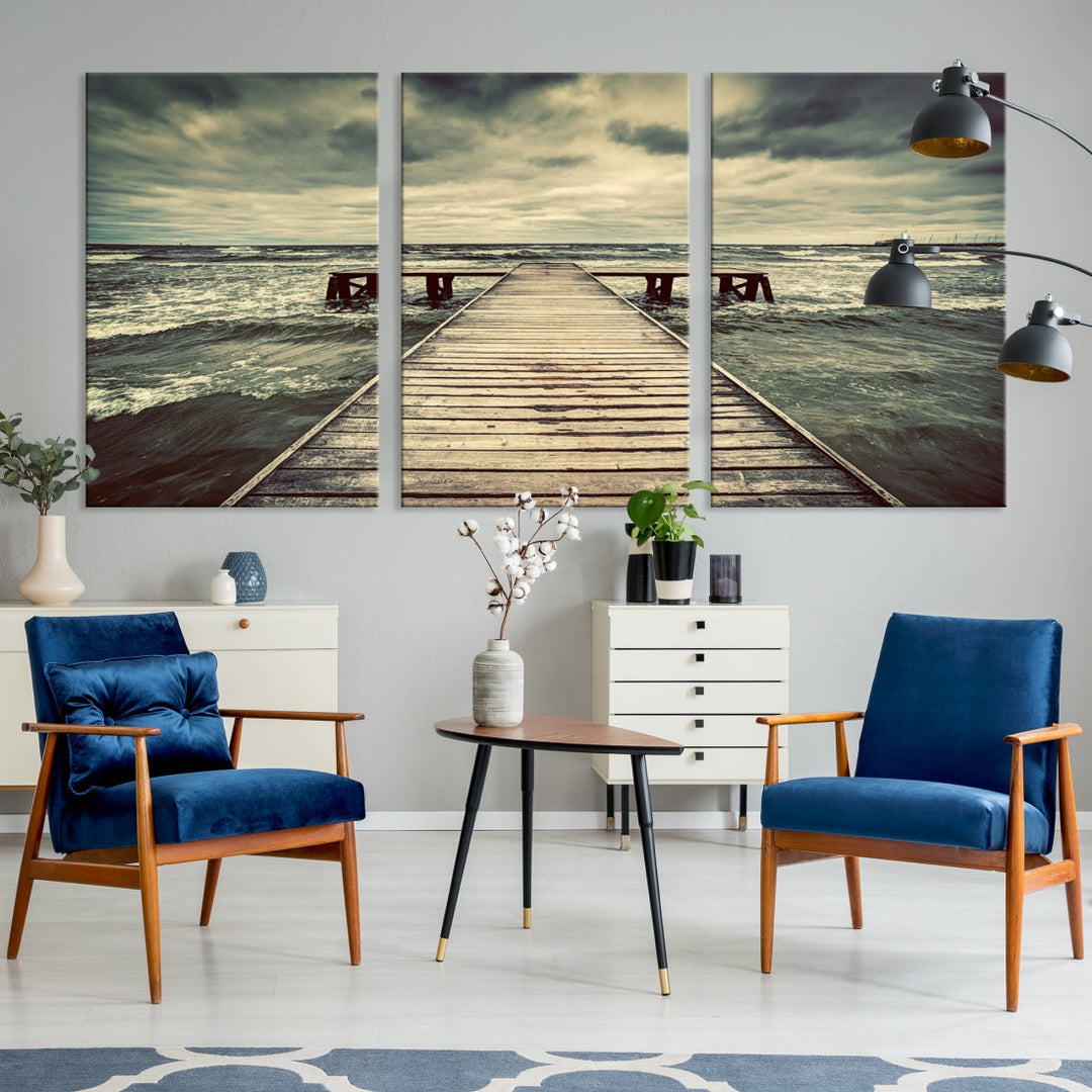 Old Wooden Pier Stormy Sea Canvas Wall Art Print Landscape Wall Hanging