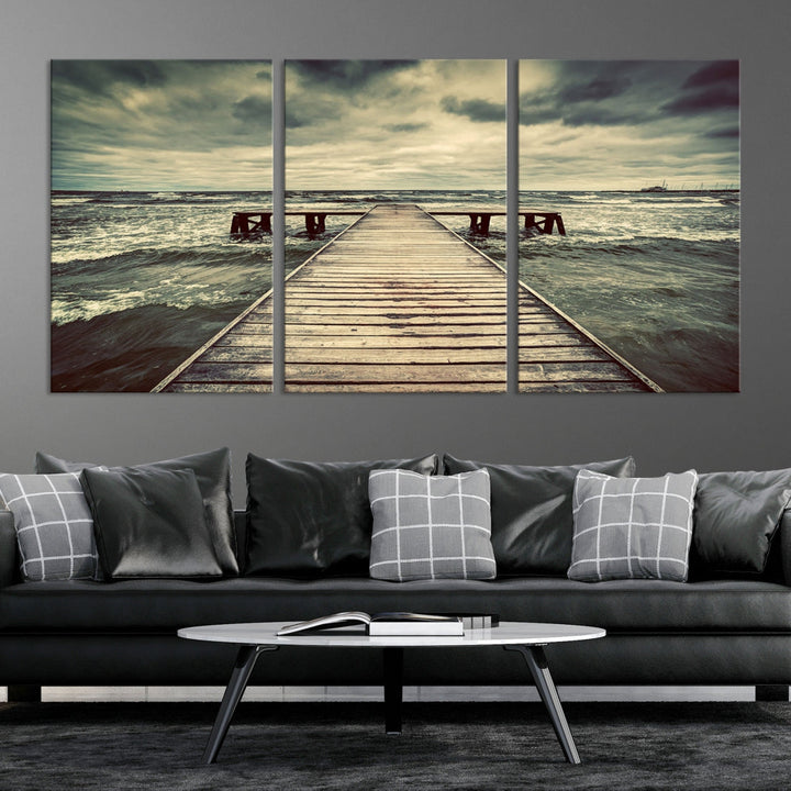 Old Wooden Pier Stormy Sea Canvas Wall Art Print Landscape Wall Hanging