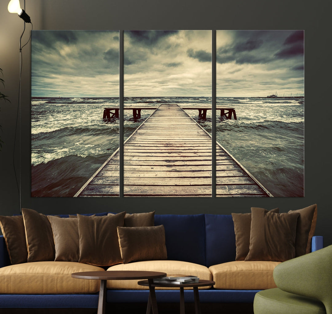 Old Wooden Pier Stormy Sea Canvas Wall Art Print Landscape Wall Hanging