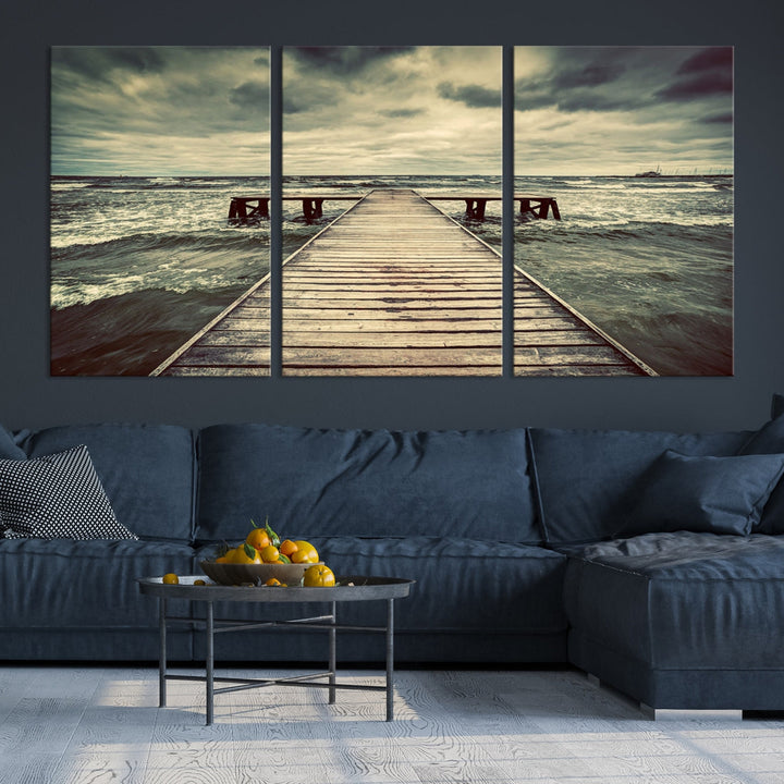 Old Wooden Pier Stormy Sea Canvas Wall Art Print Landscape Wall Hanging