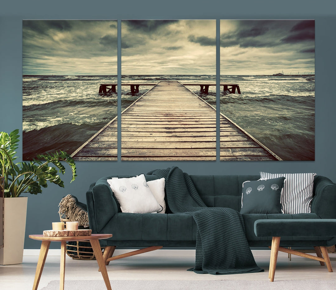 Old Wooden Pier Stormy Sea Canvas Wall Art Print Landscape Wall Hanging