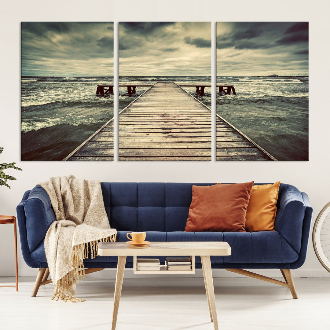 Old Wooden Pier Stormy Sea Canvas Wall Art Print Landscape Wall Hanging