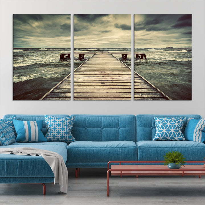 Old Wooden Pier Stormy Sea Canvas Wall Art Print Landscape Wall Hanging