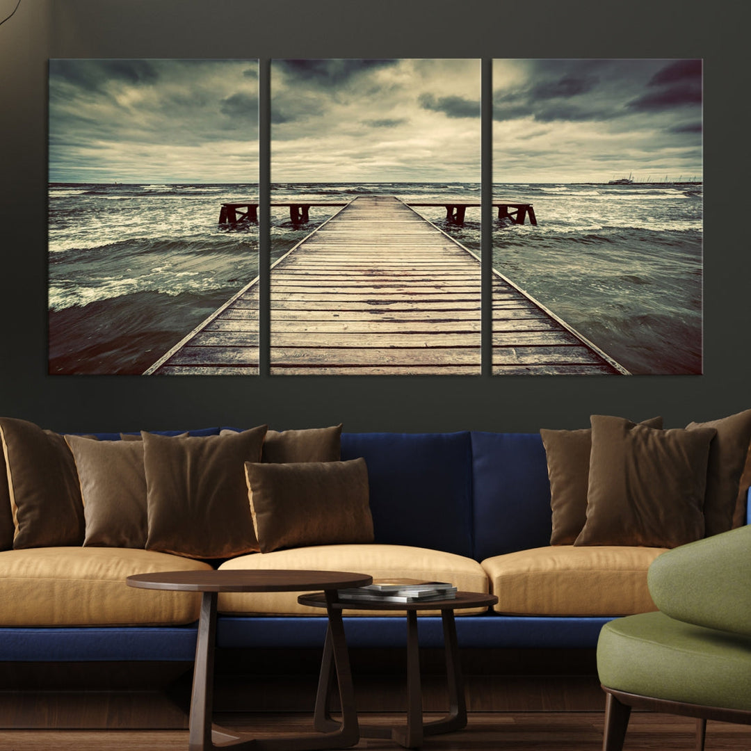 Old Wooden Pier Stormy Sea Canvas Wall Art Print Landscape Wall Hanging