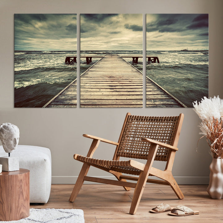 Old Wooden Pier Stormy Sea Canvas Wall Art Print Landscape Wall Hanging