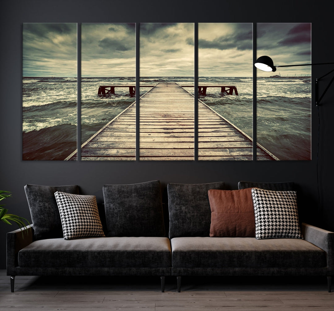 Old Wooden Pier Stormy Sea Canvas Wall Art Print Landscape Wall Hanging