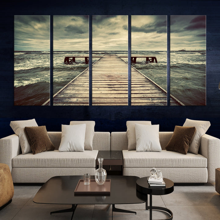 Old Wooden Pier Stormy Sea Canvas Wall Art Print Landscape Wall Hanging