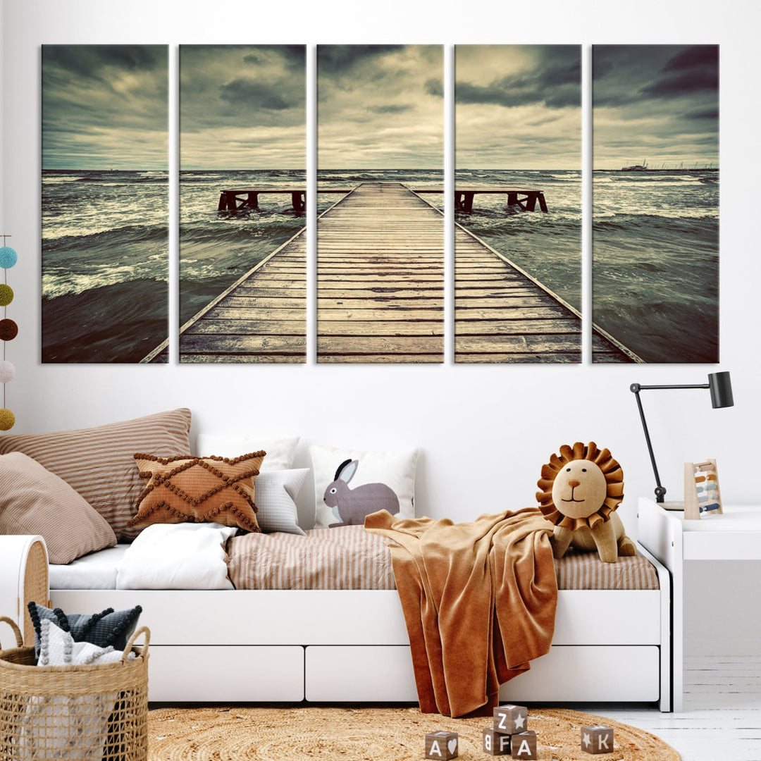 Old Wooden Pier Stormy Sea Canvas Wall Art Print Landscape Wall Hanging