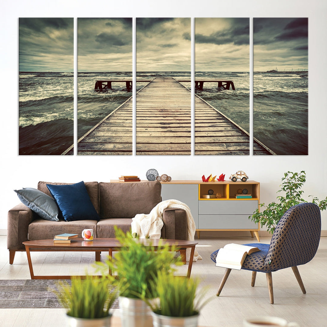 Old Wooden Pier Stormy Sea Canvas Wall Art Print Landscape Wall Hanging