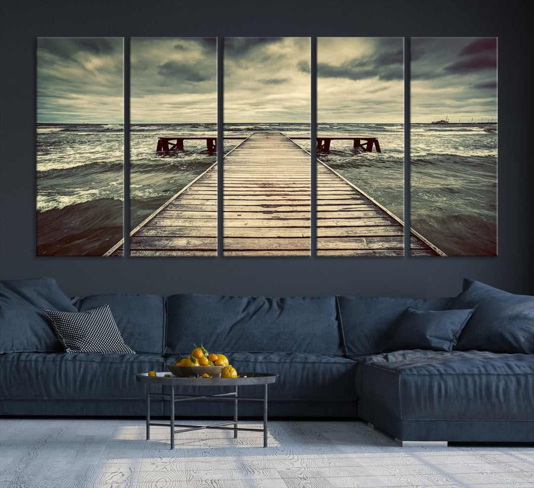 Old Wooden Pier Stormy Sea Canvas Wall Art Print Landscape Wall Hanging