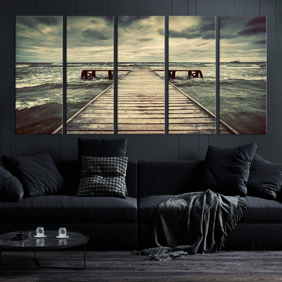 Old Wooden Pier Stormy Sea Canvas Wall Art Print Landscape Wall Hanging