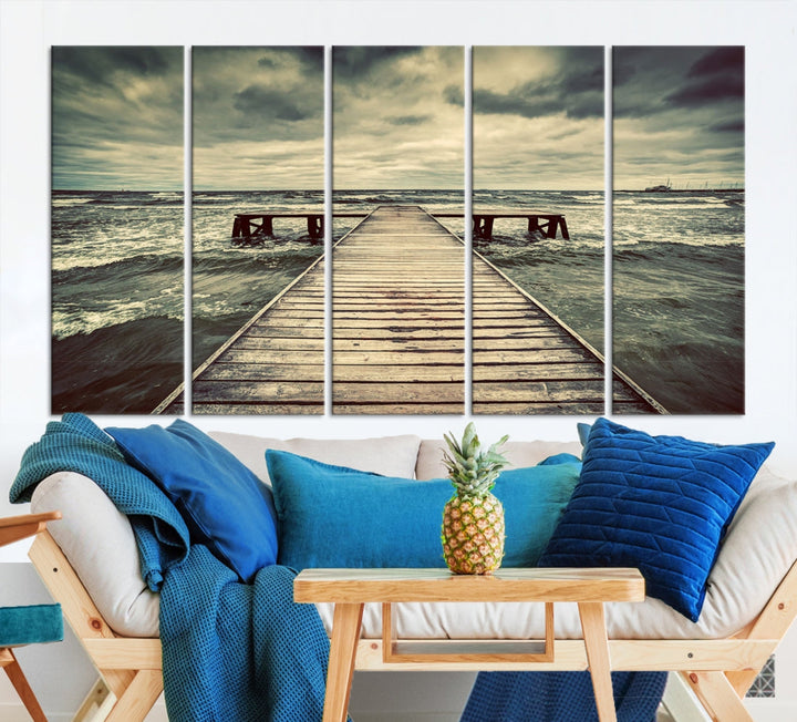 Old Wooden Pier Stormy Sea Canvas Wall Art Print Landscape Wall Hanging