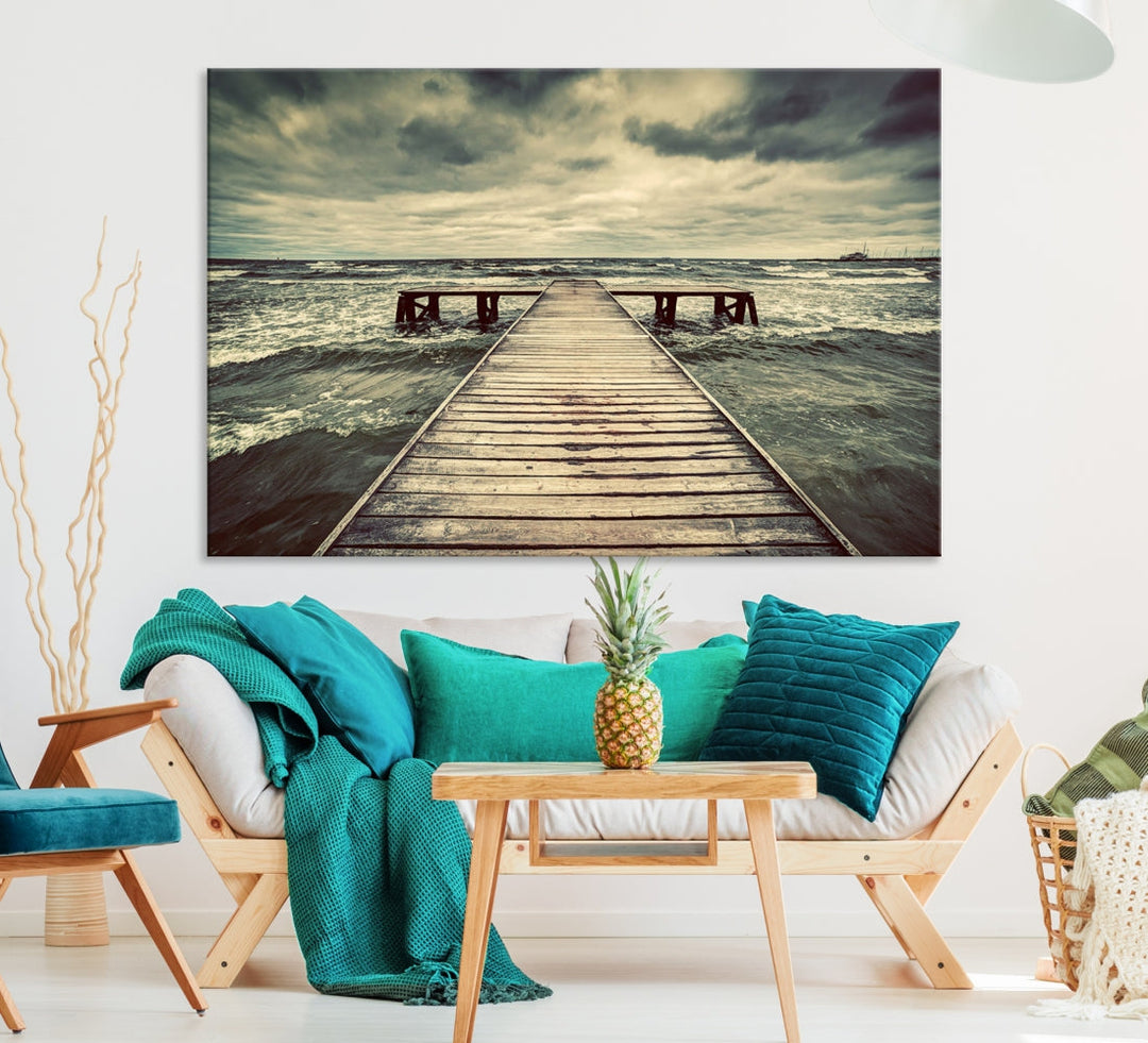 Old Wooden Pier Stormy Sea Canvas Wall Art Print Landscape Wall Hanging