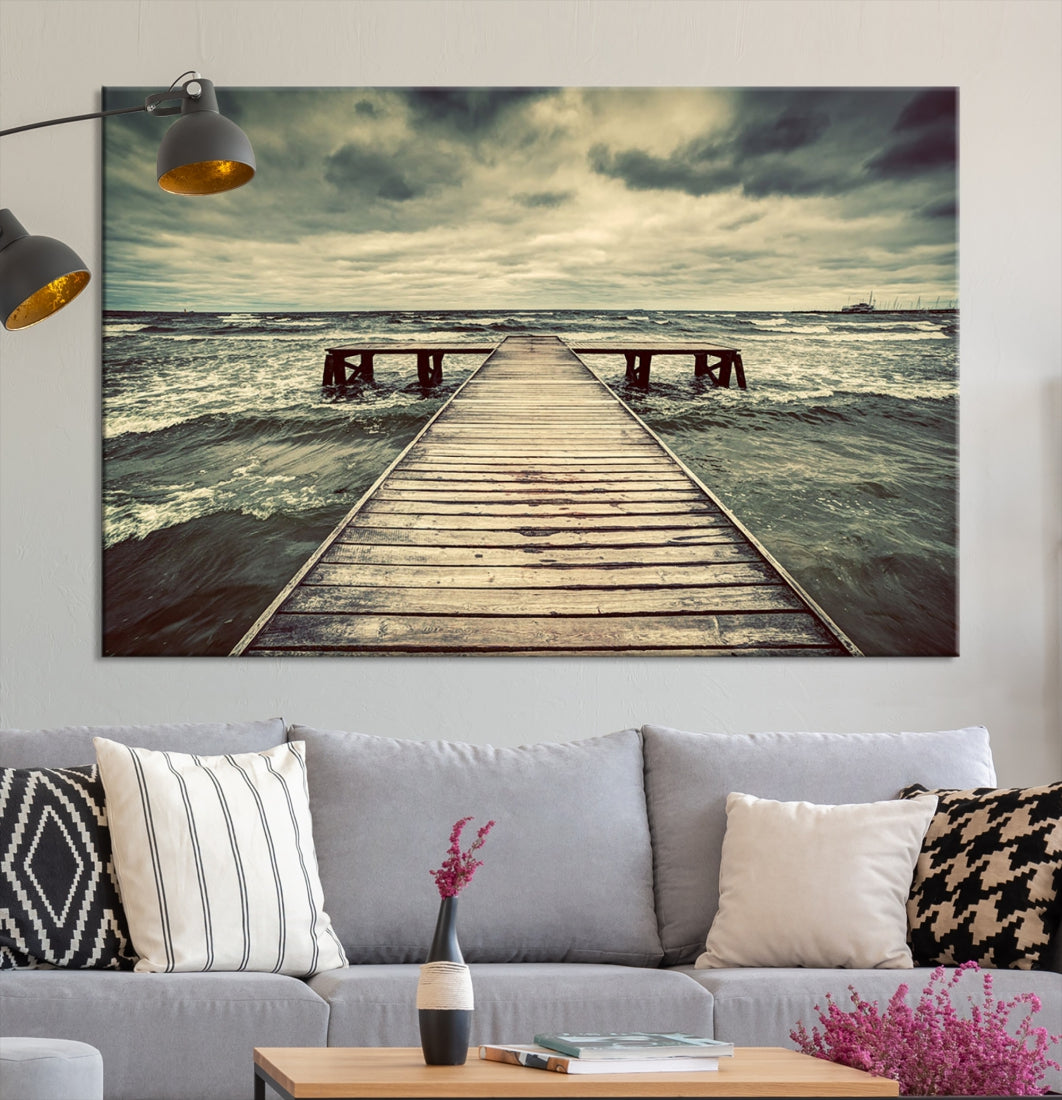 Old Wooden Pier Stormy Sea Canvas Wall Art Print Landscape Wall Hanging