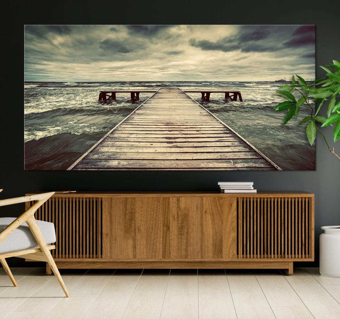 Old Wooden Pier Stormy Sea Canvas Wall Art Print Landscape Wall Hanging