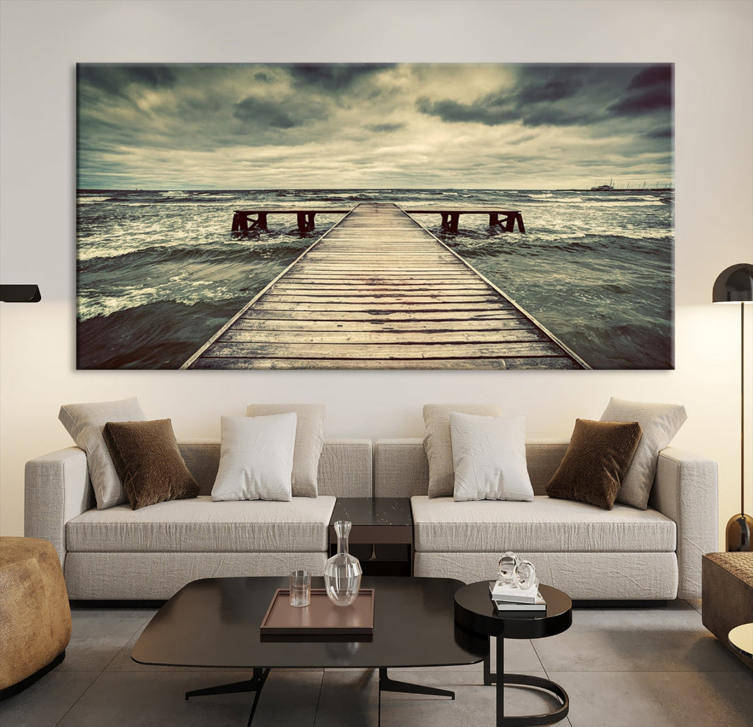 Old Wooden Pier Stormy Sea Canvas Wall Art Print Landscape Wall Hanging