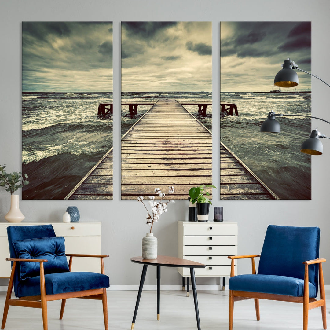 Old Wooden Pier Stormy Sea Canvas Wall Art Print Landscape Wall Hanging