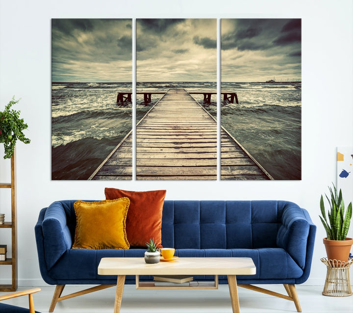 Old Wooden Pier Stormy Sea Canvas Wall Art Print Landscape Wall Hanging