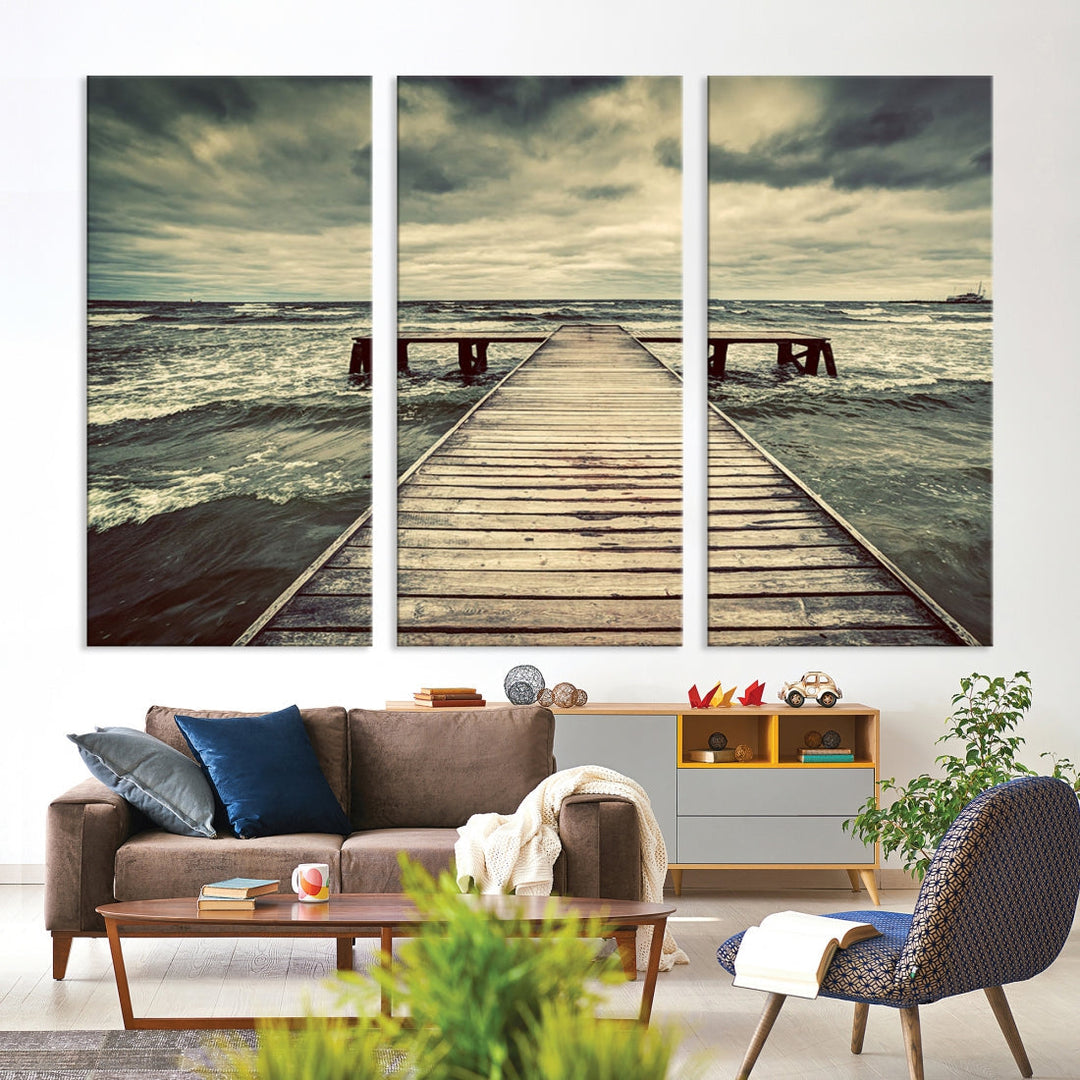 Old Wooden Pier Stormy Sea Canvas Wall Art Print Landscape Wall Hanging