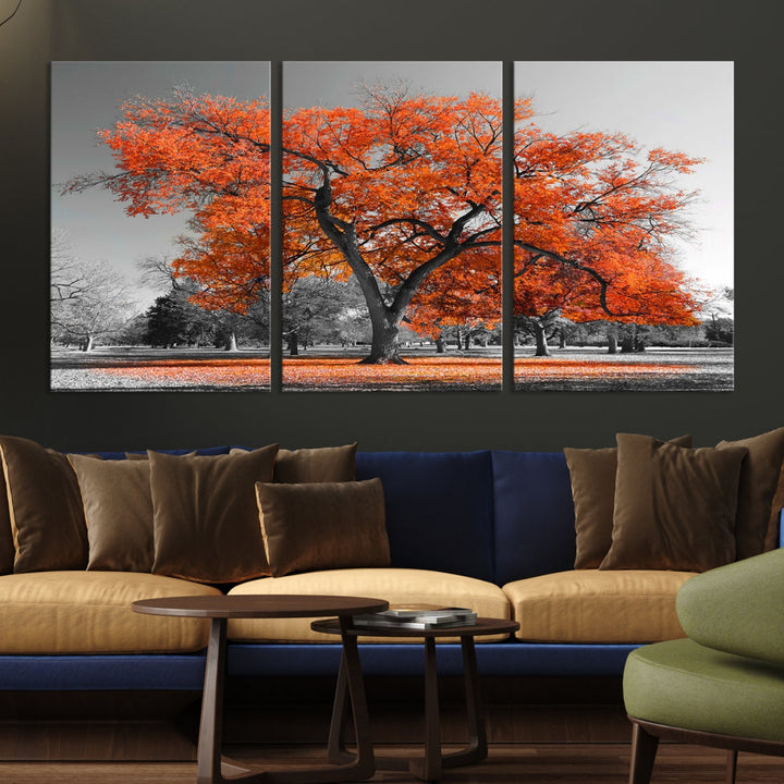 Orange Autumn Tree Large Canvas Wall Art Print Autumn Wall Art Printable Tree Art Home Office Decoration Multi Panel