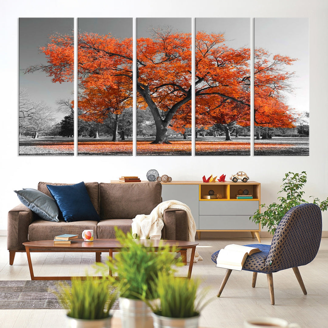 Orange Autumn Tree Large Canvas Wall Art Print Autumn Wall Art Printable Tree Art Home Office Decoration Multi Panel