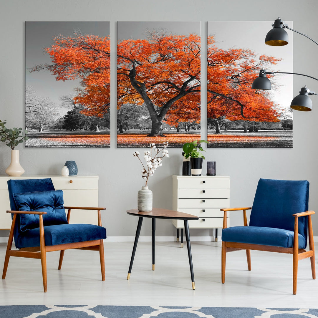 Orange Autumn Tree Large Canvas Wall Art Print Autumn Wall Art Printable Tree Art Home Office Decoration Multi Panel