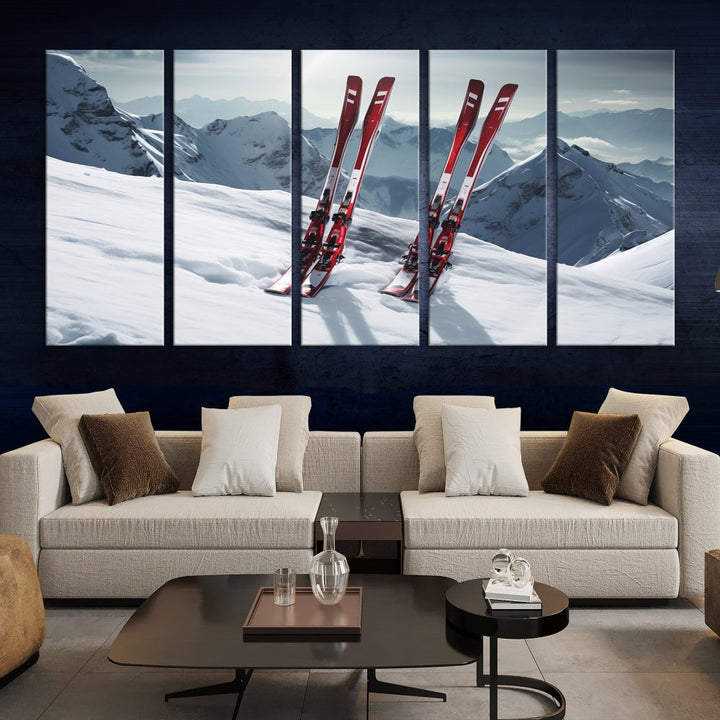 Pair of Skis in Snow Mountain Landscape Print Skiing Extreme Sports Wall Art Canvas