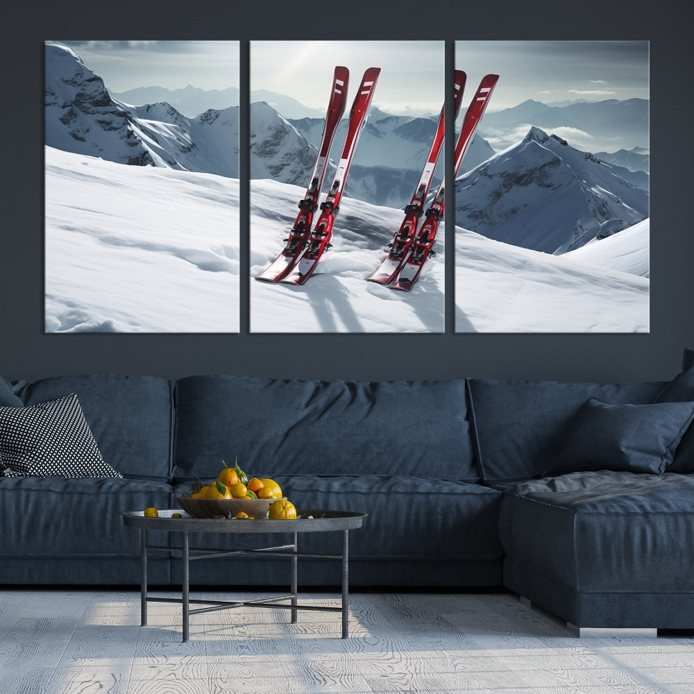 Pair of Skis in Snow Mountain Landscape Print Skiing Extreme Sports Wall Art Canvas