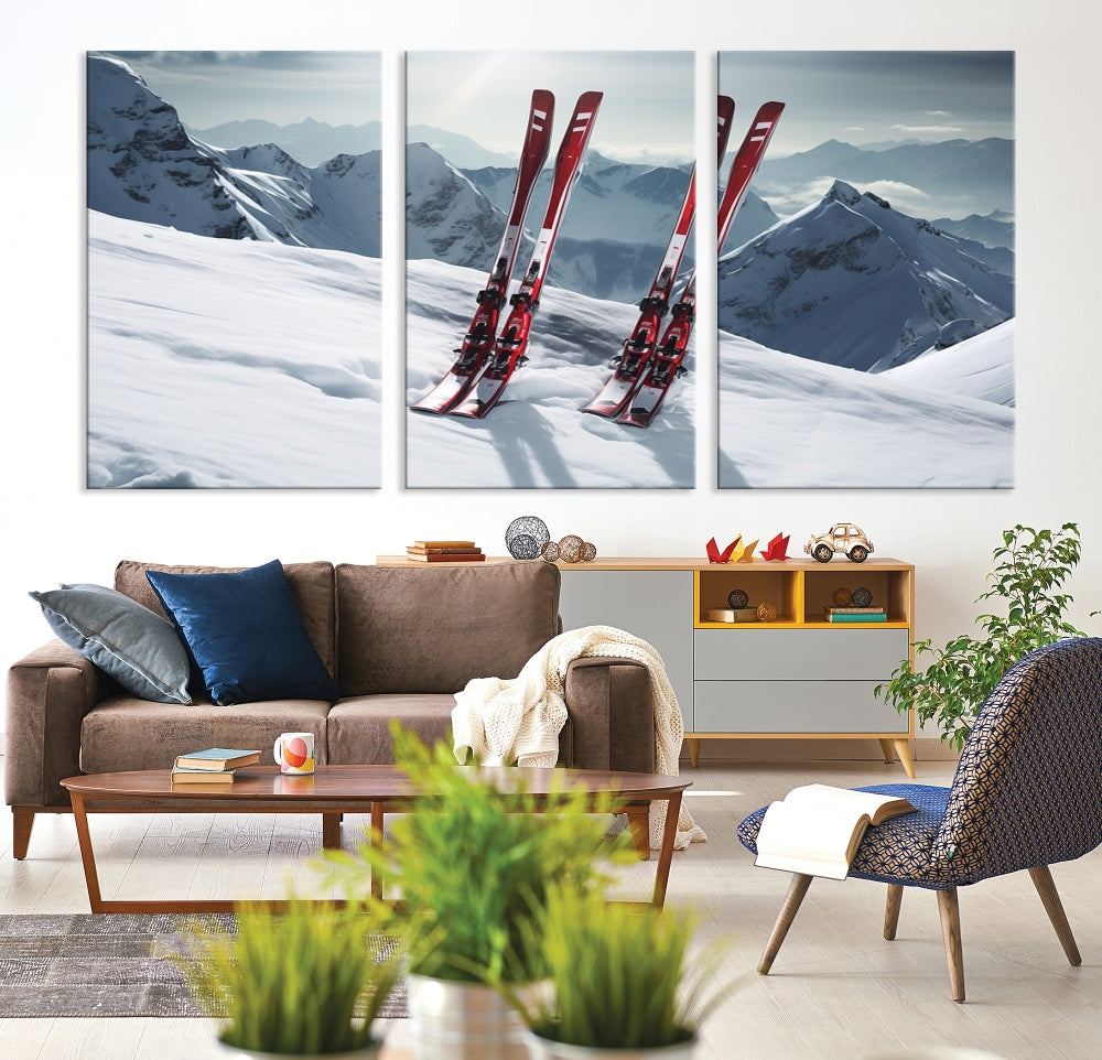 Pair of Skis in Snow Mountain Landscape Print Skiing Extreme Sports Wall Art Canvas