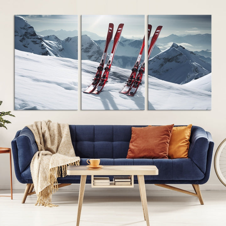 Pair of Skis in Snow Mountain Landscape Print Skiing Extreme Sports Wall Art Canvas