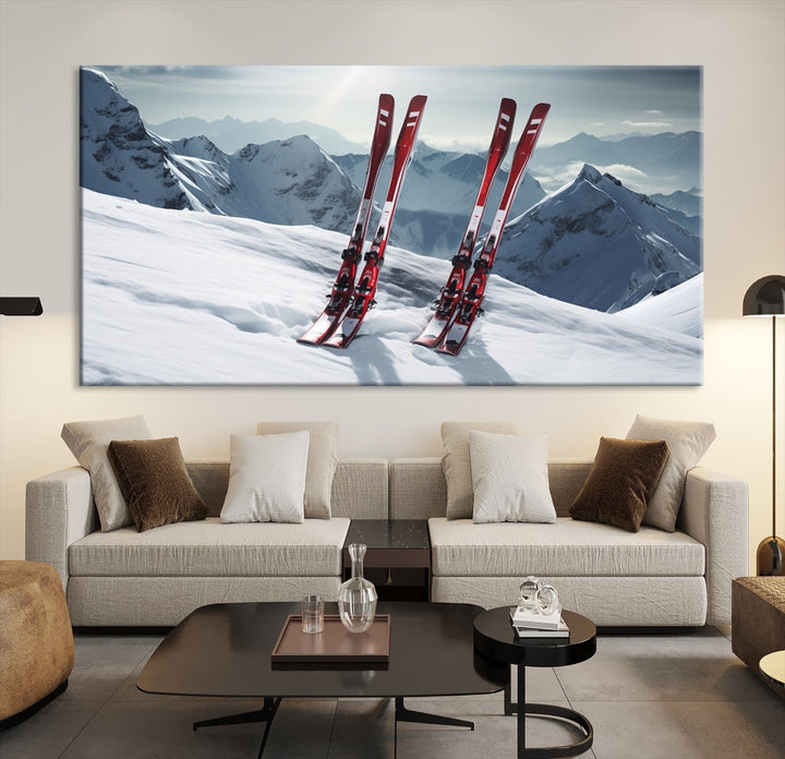 Pair of Skis in Snow Mountain Landscape Print Skiing Extreme Sports Wall Art Canvas