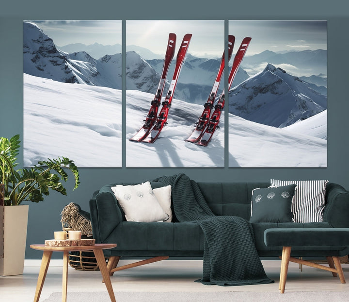 Pair of Skis in Snow Mountain Landscape Print Skiing Extreme Sports Wall Art Canvas