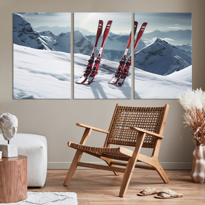 Pair of Skis in Snow Mountain Landscape Print Skiing Extreme Sports Wall Art Canvas