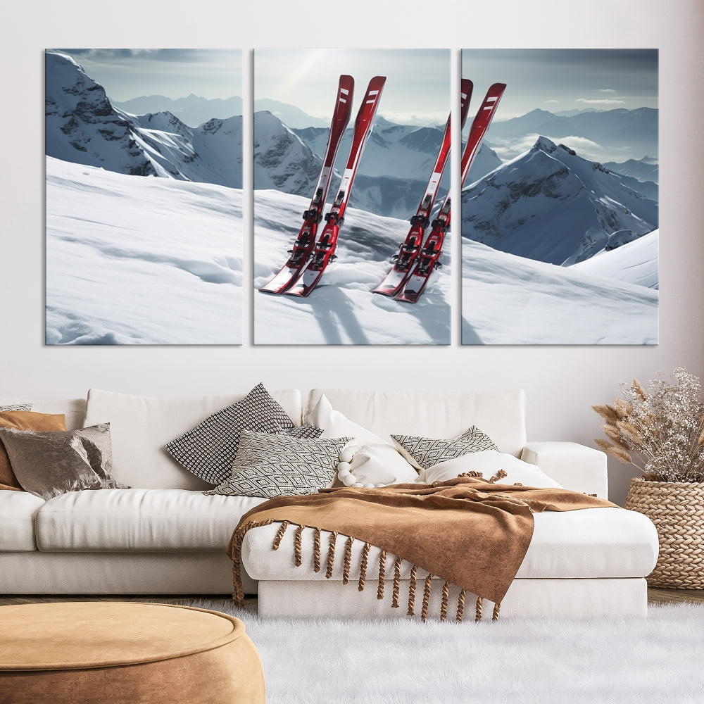 Pair of Skis in Snow Mountain Landscape Print Skiing Extreme Sports Wall Art Canvas