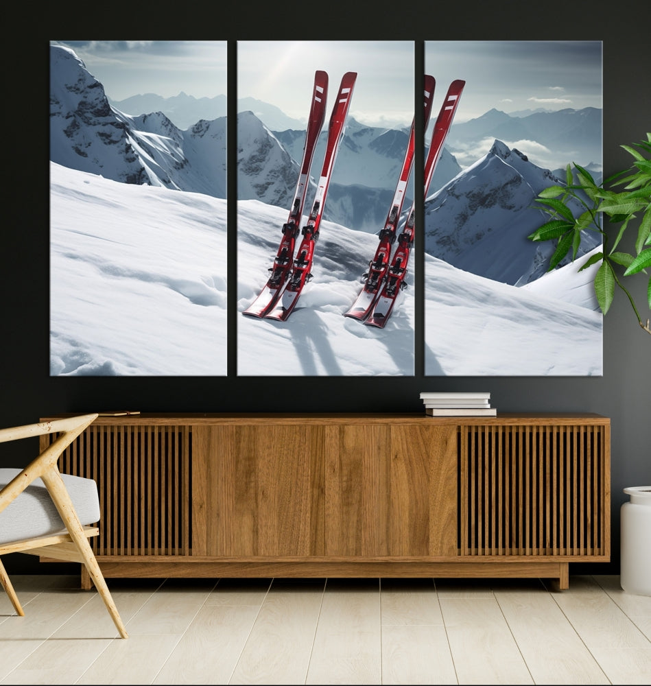 Pair of Skis in Snow Mountain Landscape Print Skiing Extreme Sports Wall Art Canvas