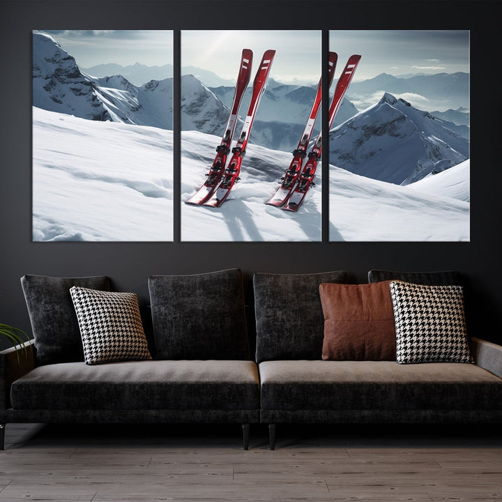 Pair of Skis in Snow Mountain Landscape Print Skiing Extreme Sports Wall Art Canvas