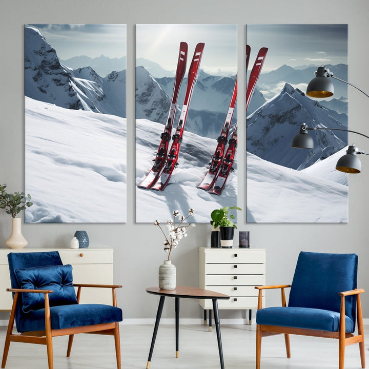 Pair of Skis in Snow Mountain Landscape Print Skiing Extreme Sports Wall Art Canvas