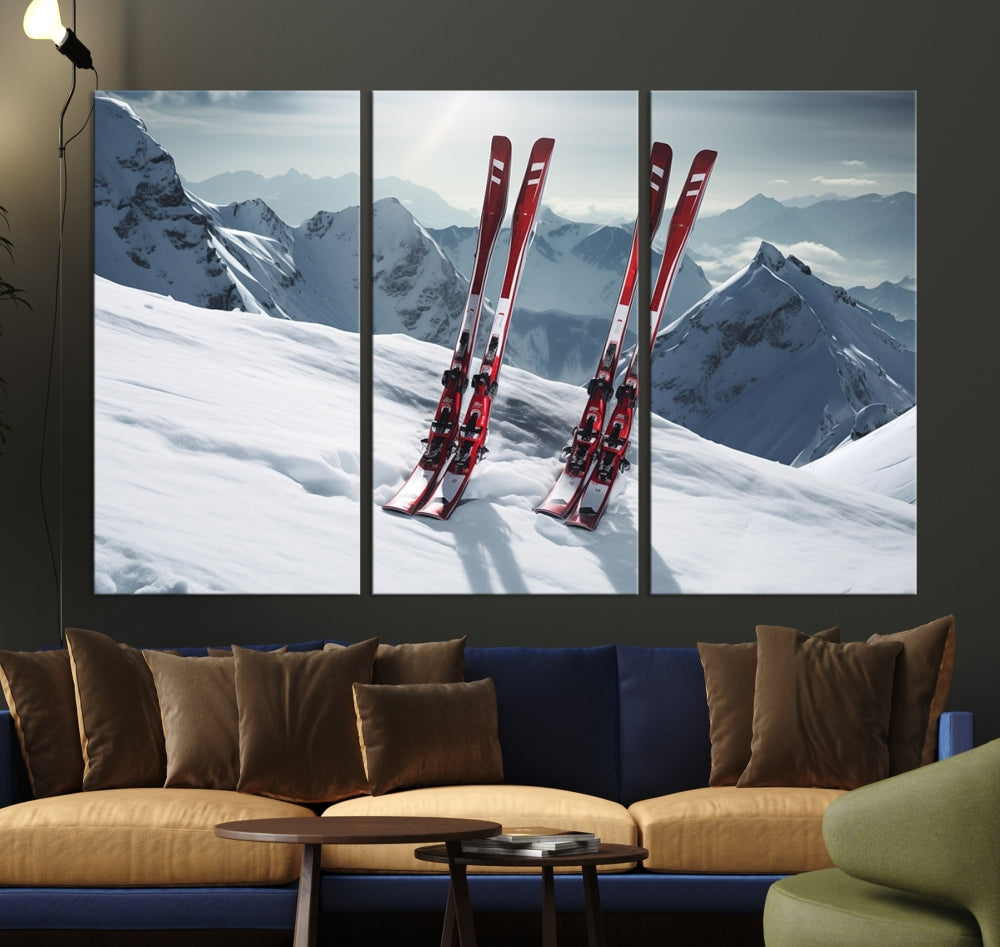 Pair of Skis in Snow Mountain Landscape Print Skiing Extreme Sports Wall Art Canvas