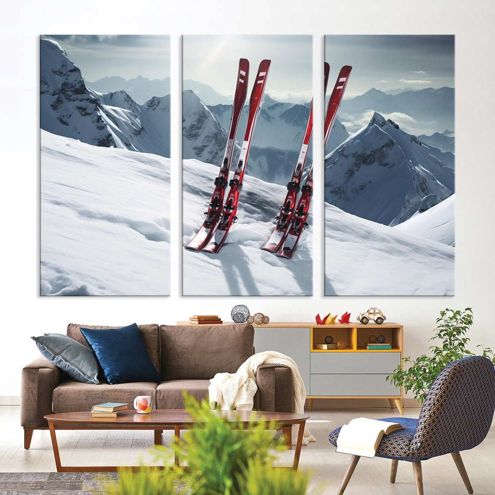 Pair of Skis in Snow Mountain Landscape Print Skiing Extreme Sports Wall Art Canvas