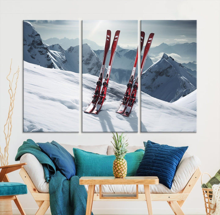 Pair of Skis in Snow Mountain Landscape Print Skiing Extreme Sports Wall Art Canvas