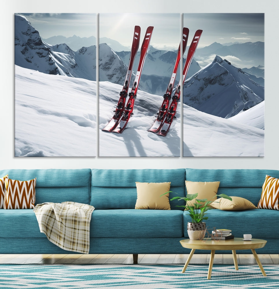 Pair of Skis in Snow Mountain Landscape Print Skiing Extreme Sports Wall Art Canvas