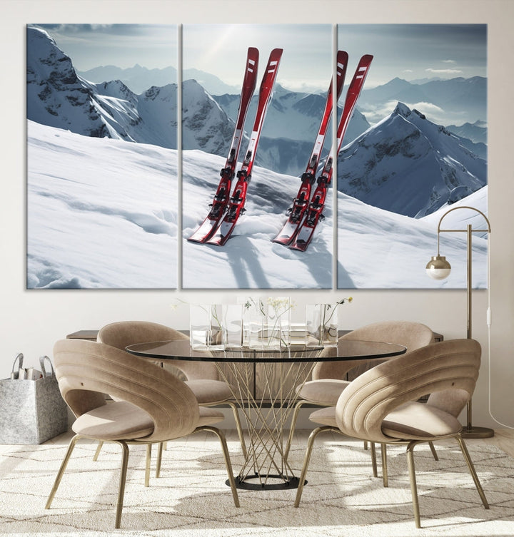 Pair of Skis in Snow Mountain Landscape Print Skiing Extreme Sports Wall Art Canvas